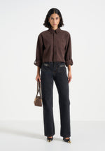 Maura - Oversized Cropped Roll Sleeve Suede Shirt - Brown