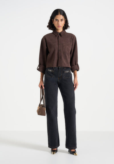 Maura - Oversized Cropped Roll Sleeve Suede Shirt - Brown