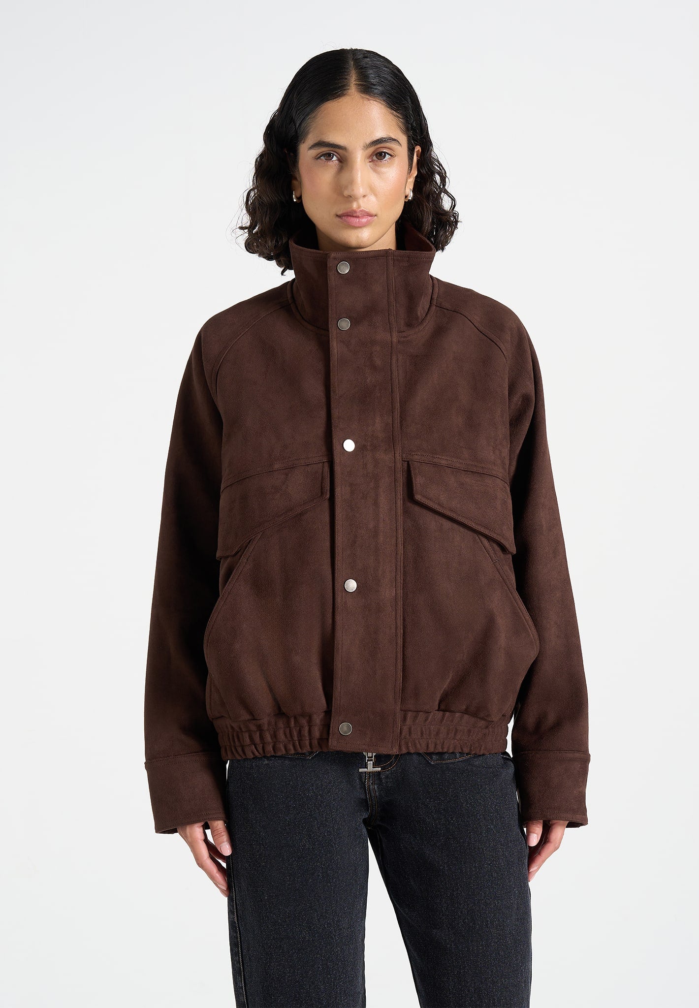 Romain - Unisex Suede Funnel Neck Bomber Jacket - Brown