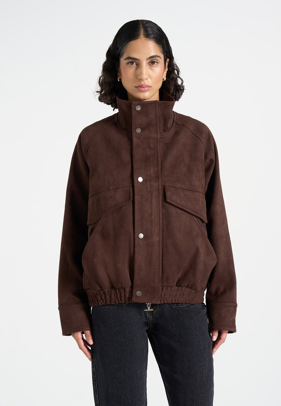 Romain - Unisex Suede Funnel Neck Bomber Jacket - Brown