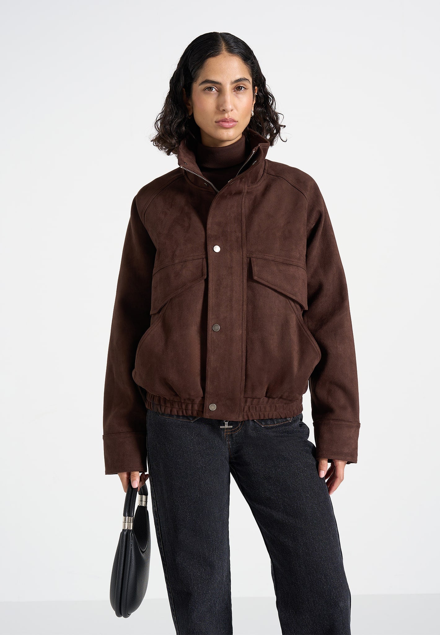 Romain - Unisex Suede Funnel Neck Bomber Jacket - Brown