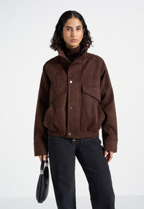 Romain - Unisex Suede Funnel Neck Bomber Jacket - Brown