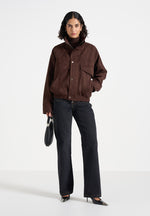 Romain - Unisex Suede Funnel Neck Bomber Jacket - Brown