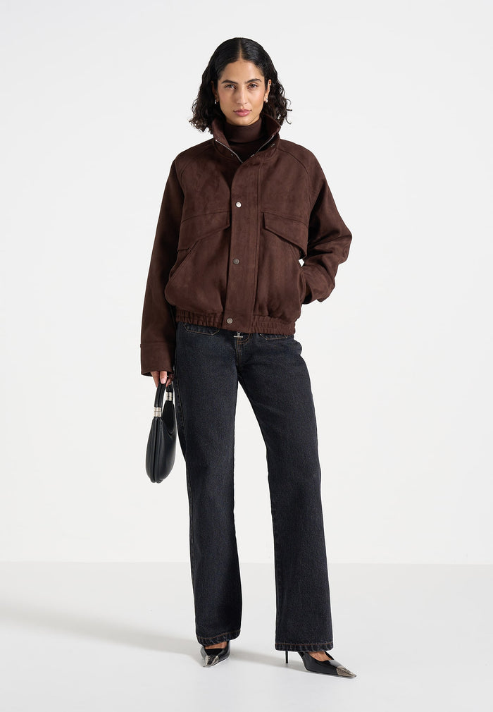 Romain - Unisex Suede Funnel Neck Bomber Jacket - Brown