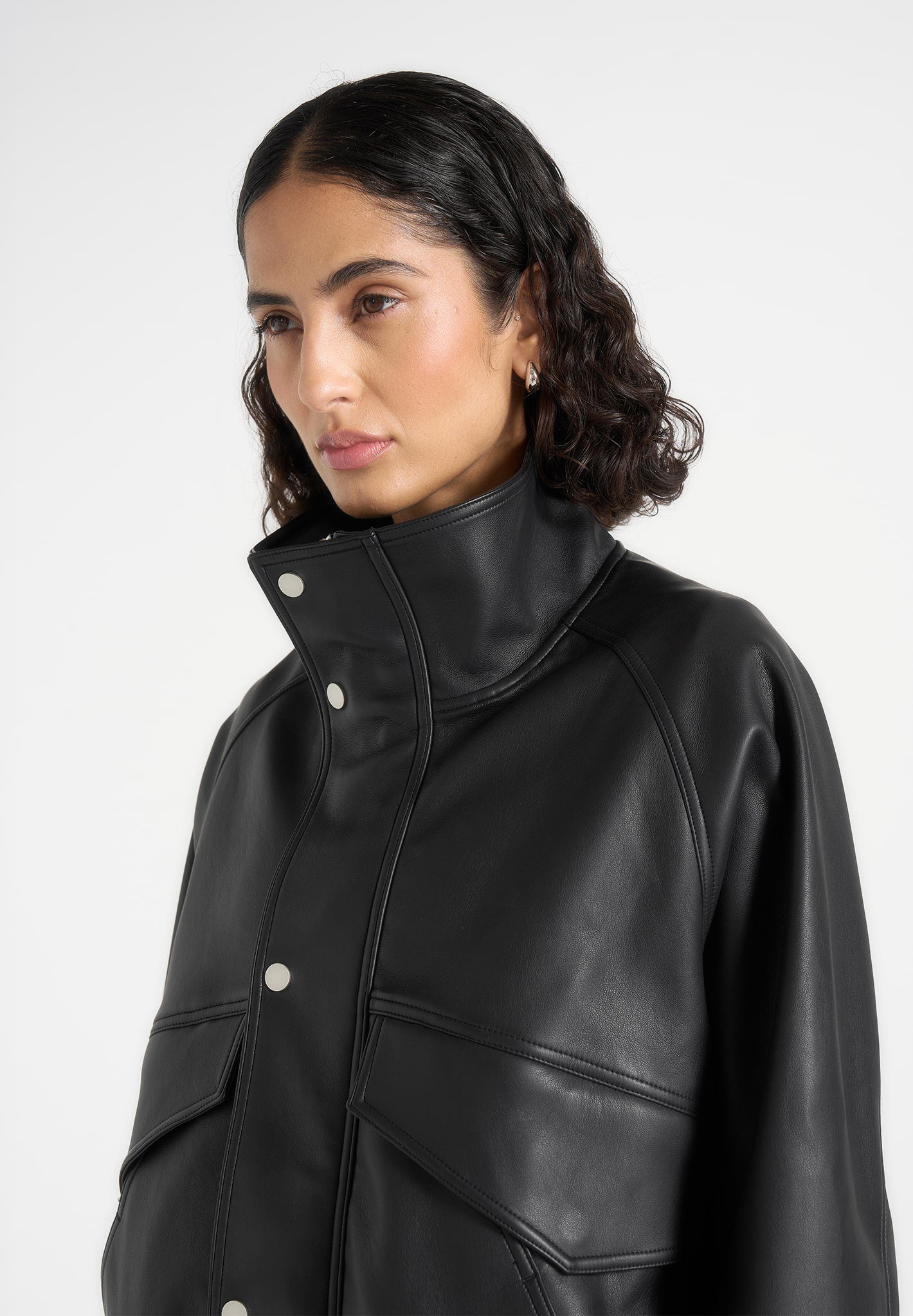 Romain - Unisex Leather Funnel Neck Bomber Jacket - Black
