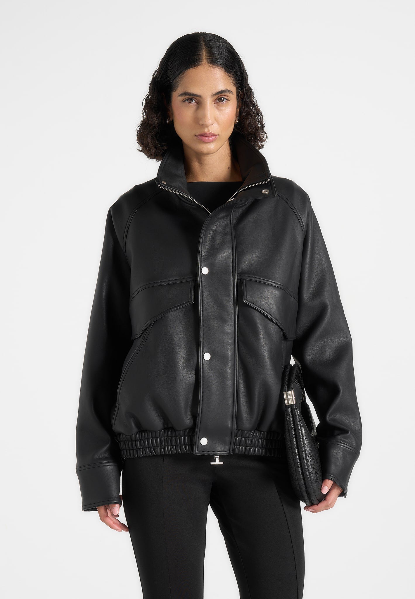 Romain - Unisex Leather Funnel Neck Bomber Jacket - Black