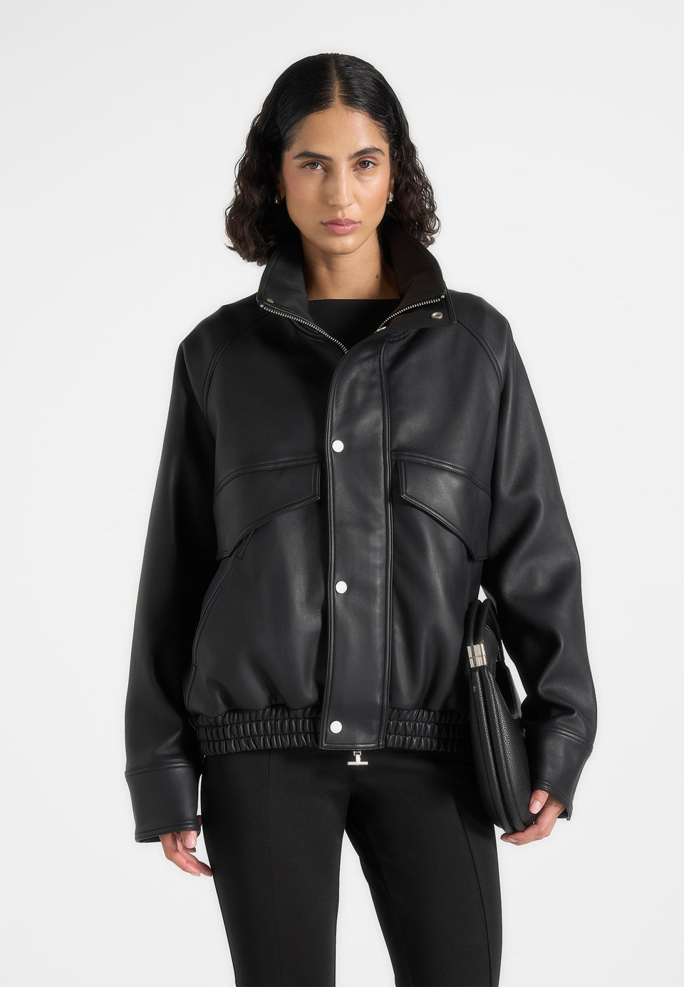 Romain - Unisex Leather Funnel Neck Bomber Jacket - Black