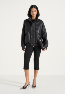 Kit - Unisex Leather Funnel Neck Bomber Jacket - Black