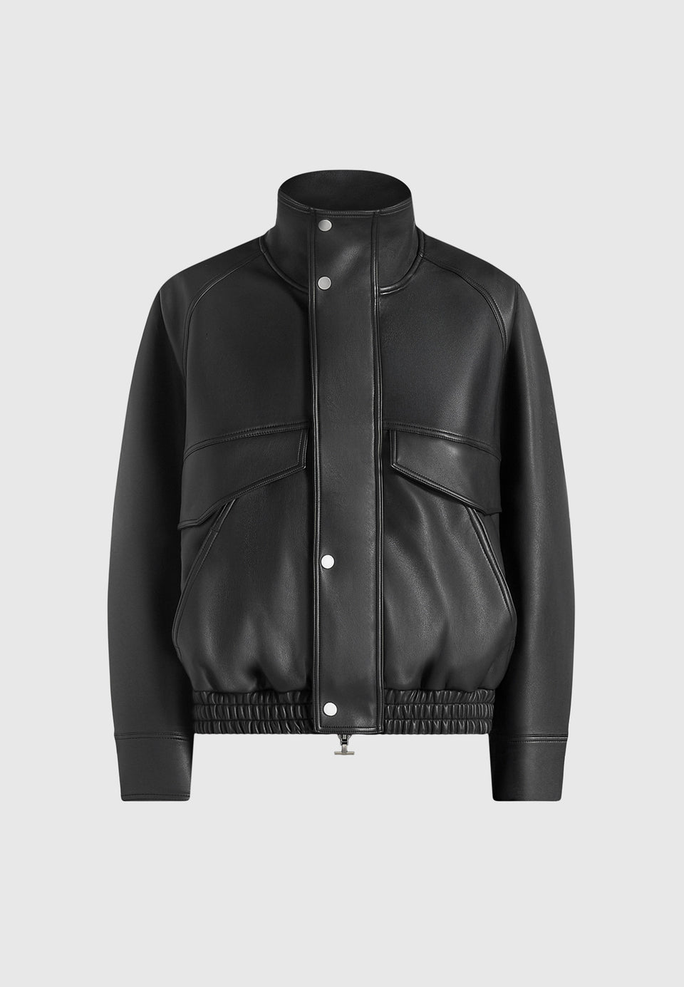 Romain - Unisex Leather Funnel Neck Bomber Jacket - Black