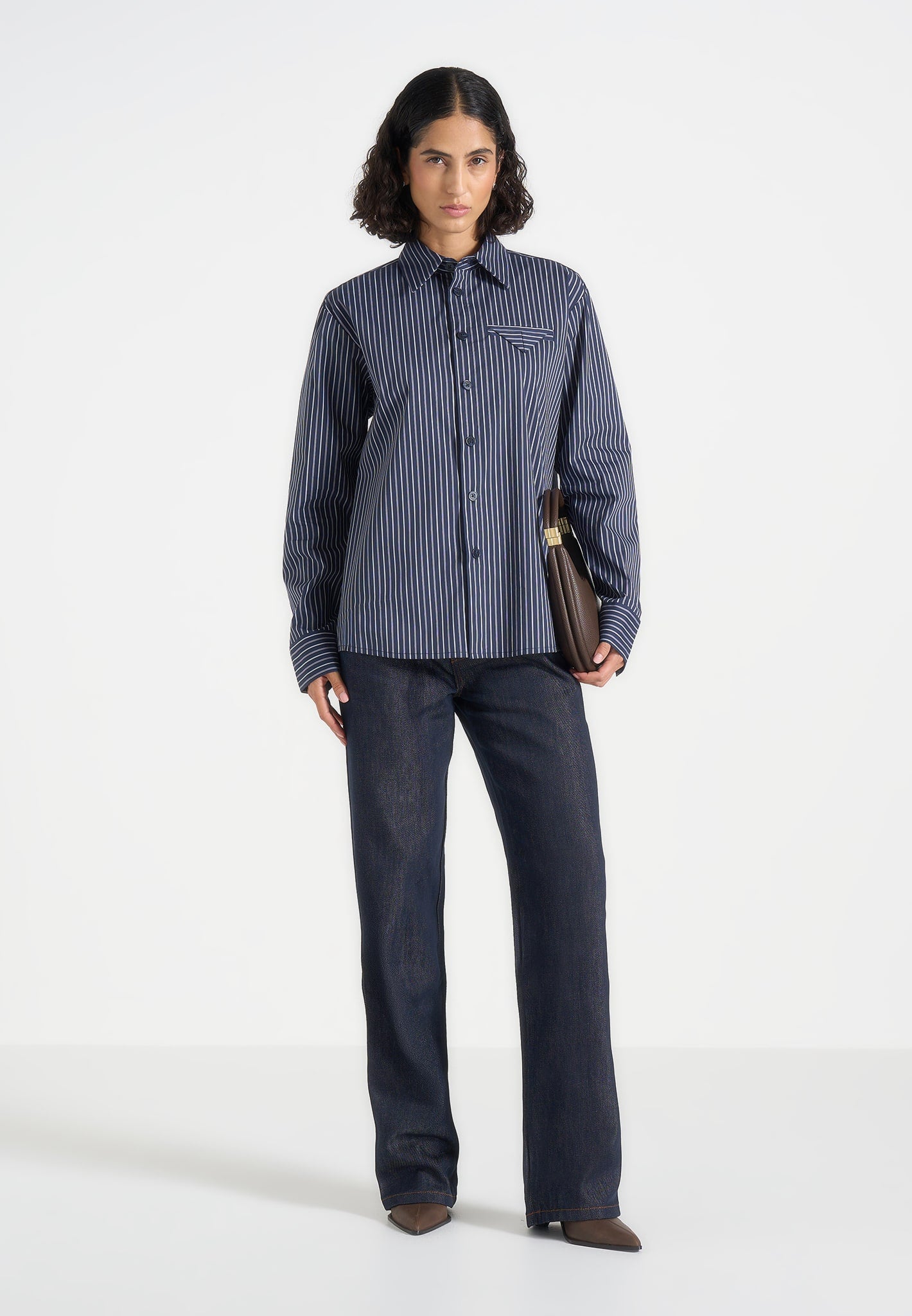 Ronnie - Unisex Pinstripe Long Sleeve Shirt - Navy