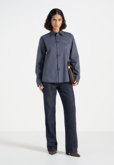 Ronnie - Unisex Pinstripe Long Sleeve Shirt - Navy