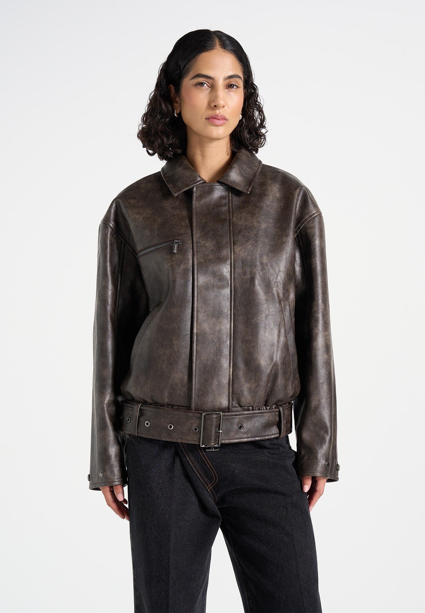 Ezra - Unisex Vintage Leather Belted Bomber Jacket - Brown