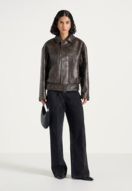Ezra - Unisex Vintage Leather Belted Bomber Jacket - Brown