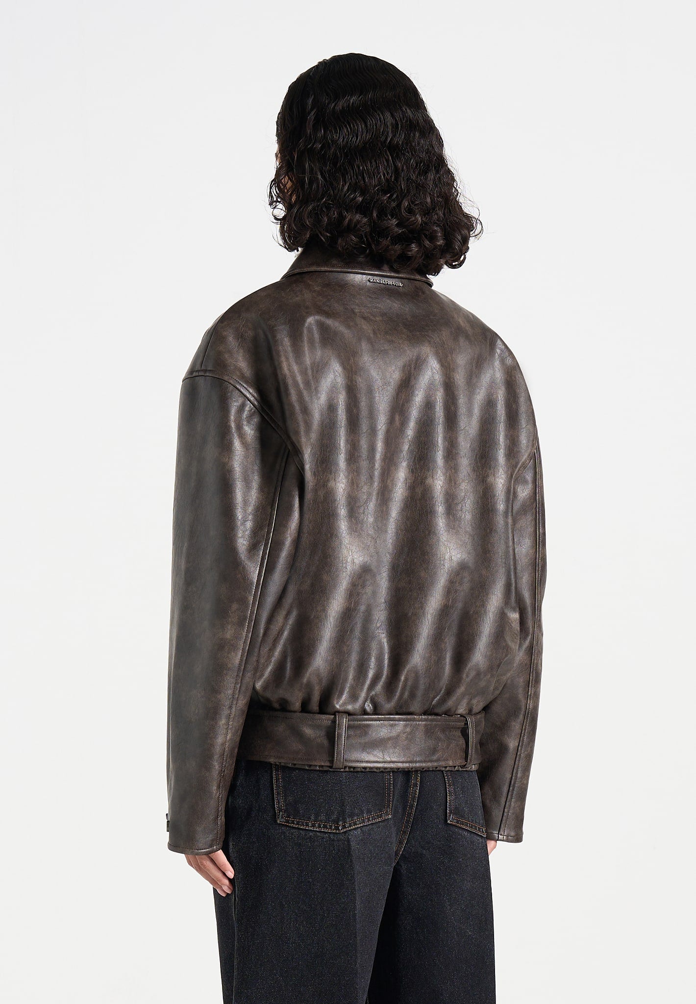 Ezra - Unisex Vintage Leather Belted Bomber Jacket - Brown