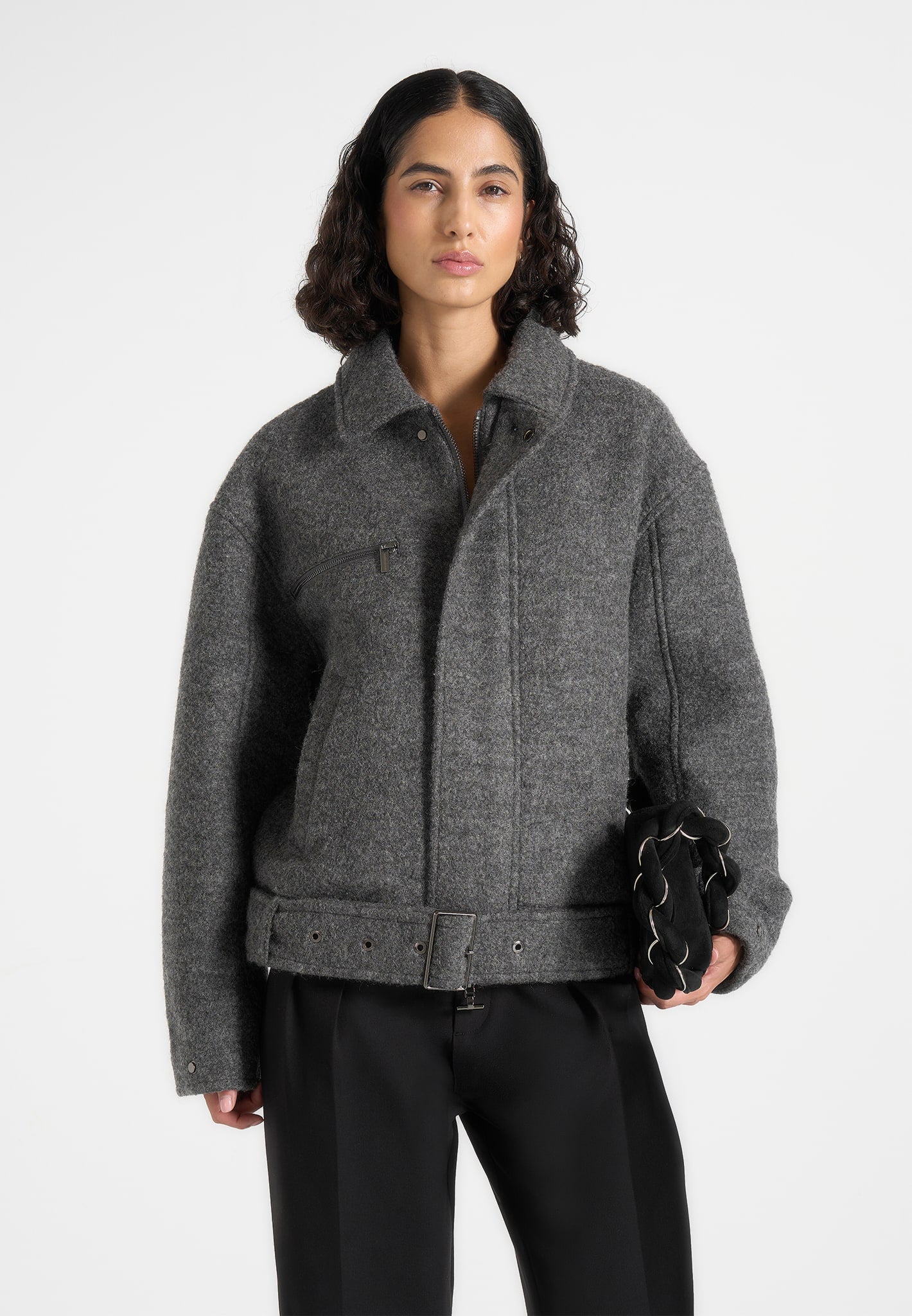 Ezra - Unisex Wool Belted Bomber Jacket - Grey