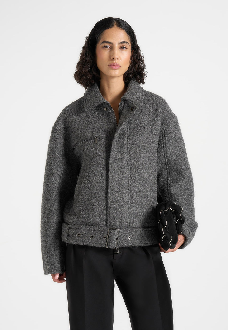 Ezra - Unisex Wool Belted Bomber Jacket - Grey