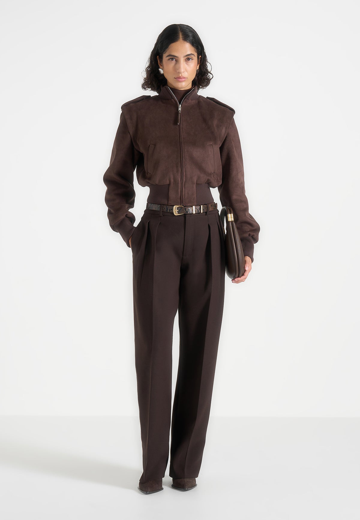 Delfina - Suede Layered-Shoulder Cropped Bomber Jacket - Brown