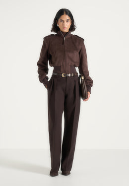 Delfina - Suede Layered-Shoulder Cropped Bomber Jacket - Brown