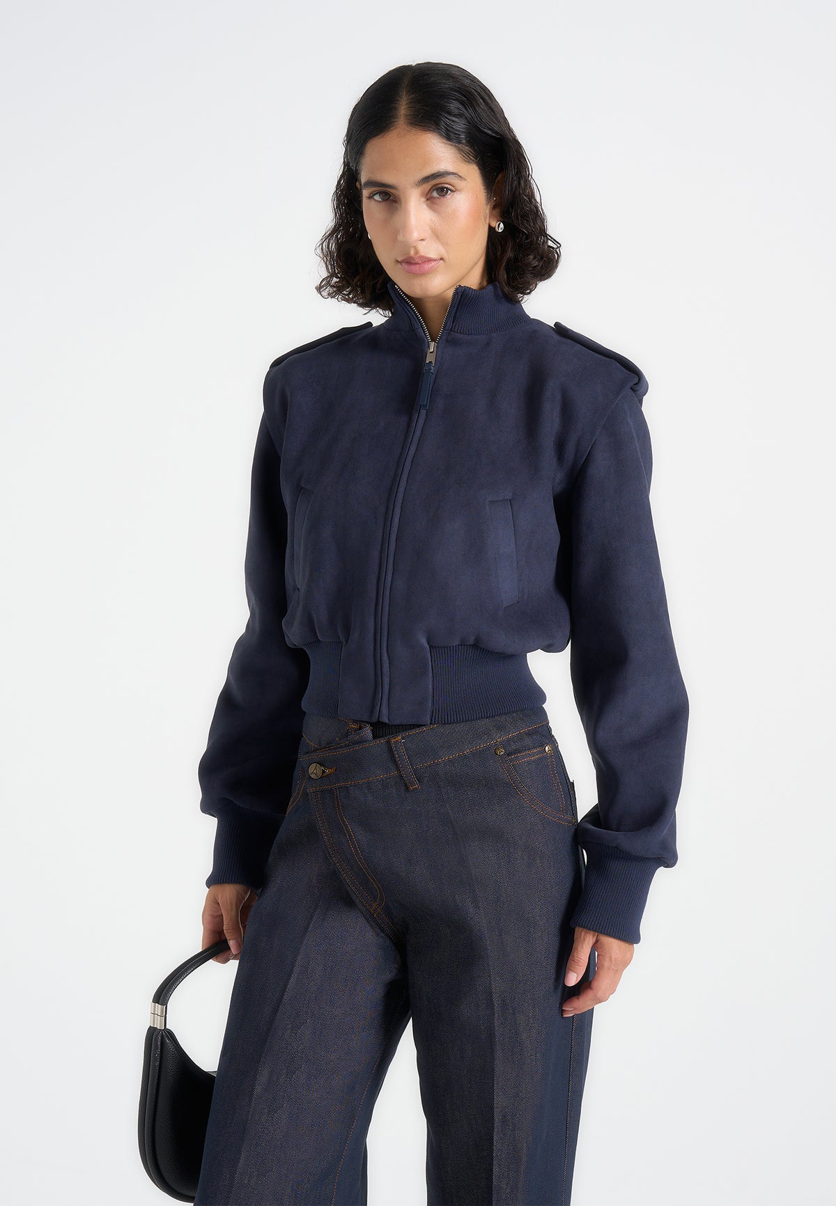 Delfina - Suede Layered-Shoulder Cropped Bomber Jacket - Navy