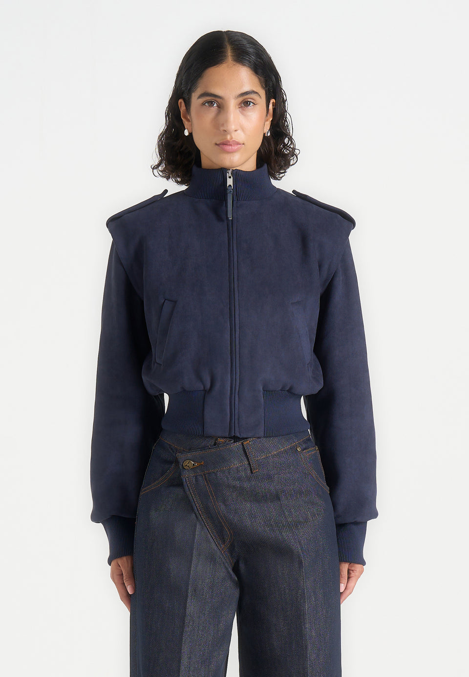 Delfina - Suede Layered-Shoulder Cropped Bomber Jacket - Navy