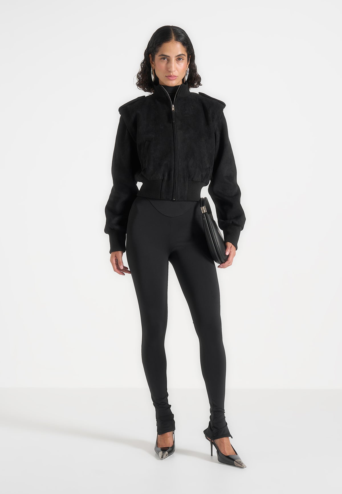 Delfina - Suede Layered-Shoulder Cropped Bomber Jacket - Black