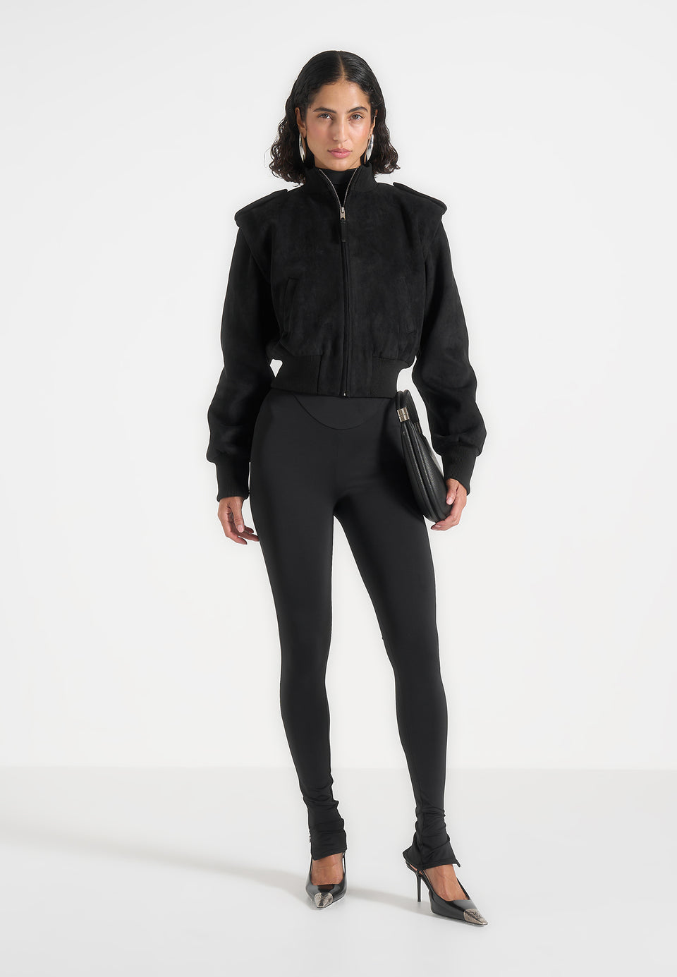 Delfina - Suede Layered-Shoulder Cropped Bomber Jacket - Black