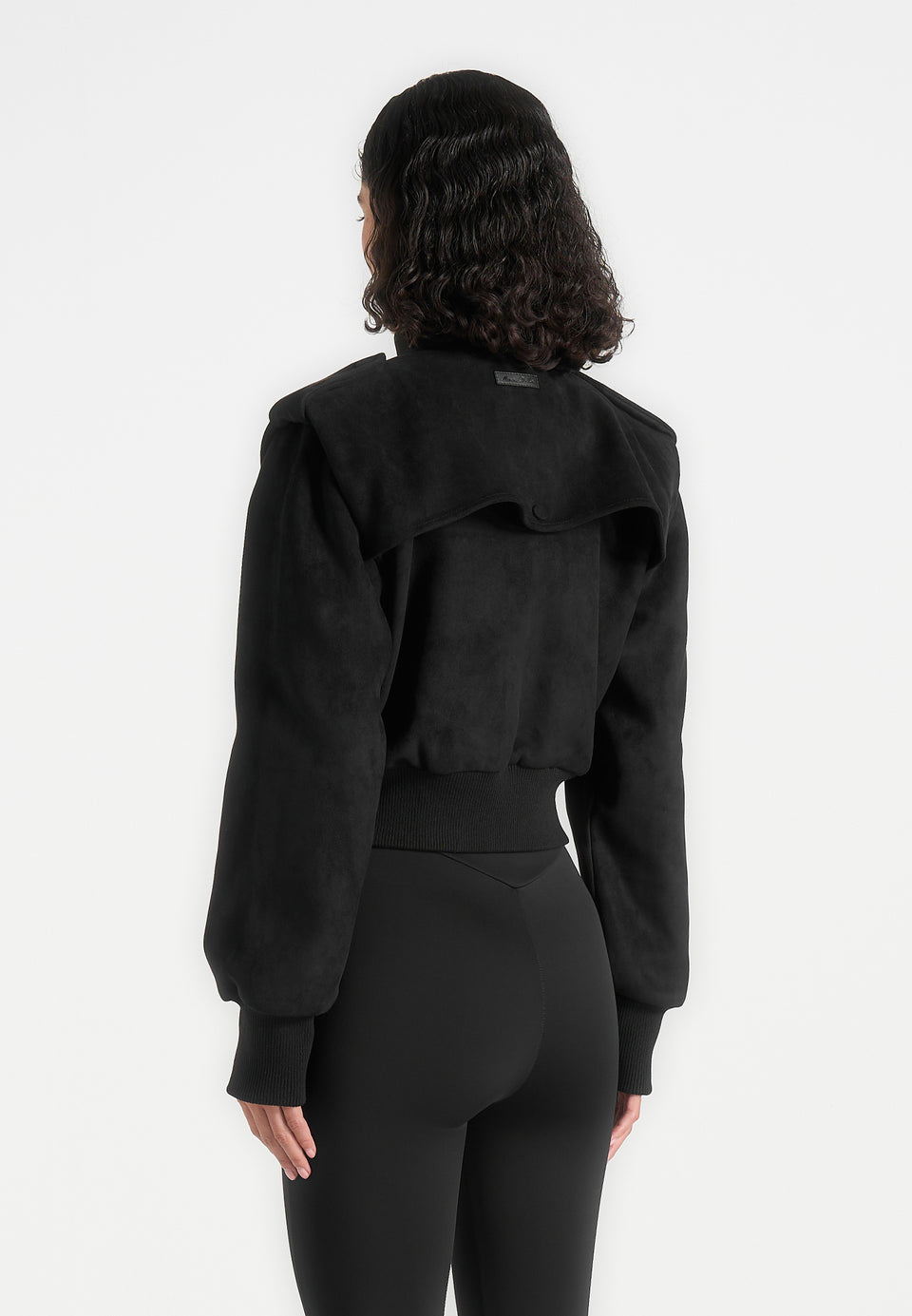 Delfina - Suede Layered-Shoulder Cropped Bomber Jacket - Black