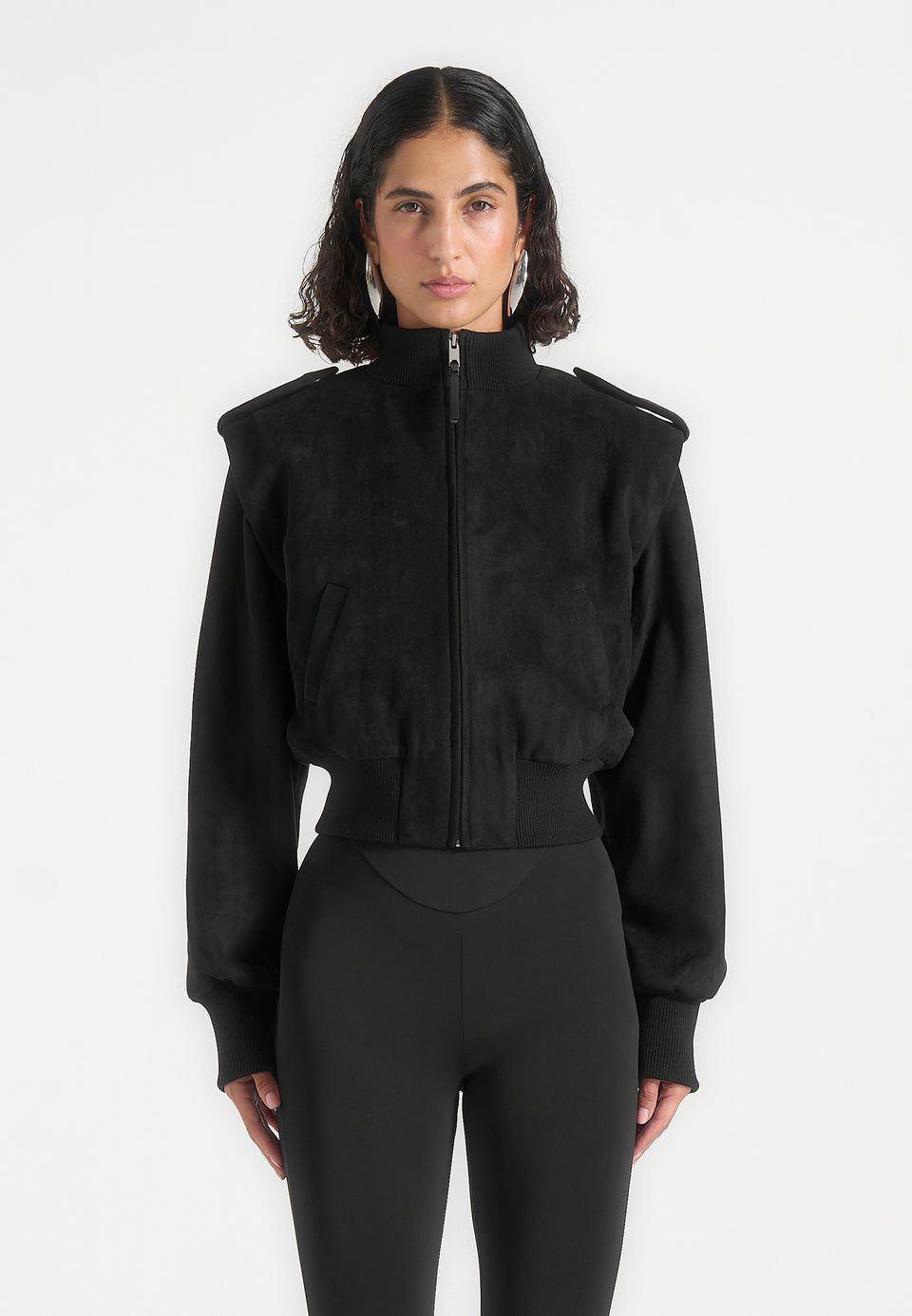 Delfina - Suede Layered-Shoulder Cropped Bomber Jacket - Black