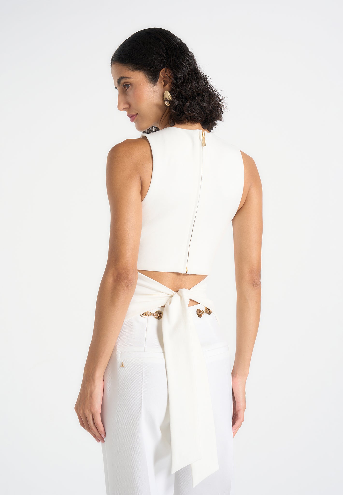 Abigail - Hardware Detail Open-Back Tie Crop Top - White