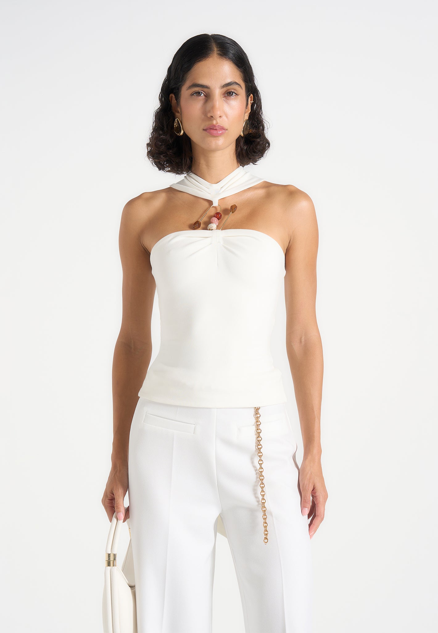 Abigail - Hardware Detail Open-Back Tie Crop Top - White