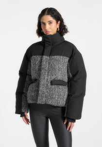 Oversized Tweed Puffer Jacket - Black