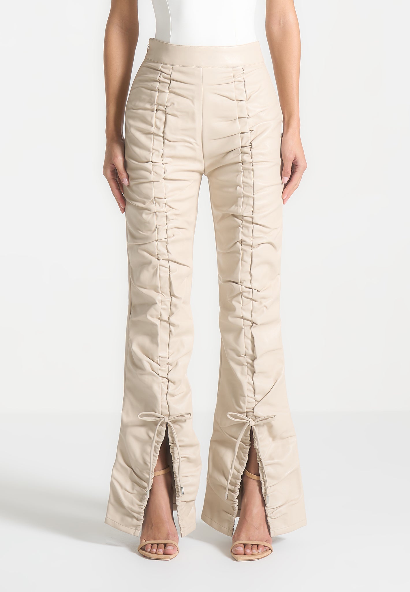 Leather Ruched Trousers - Beige