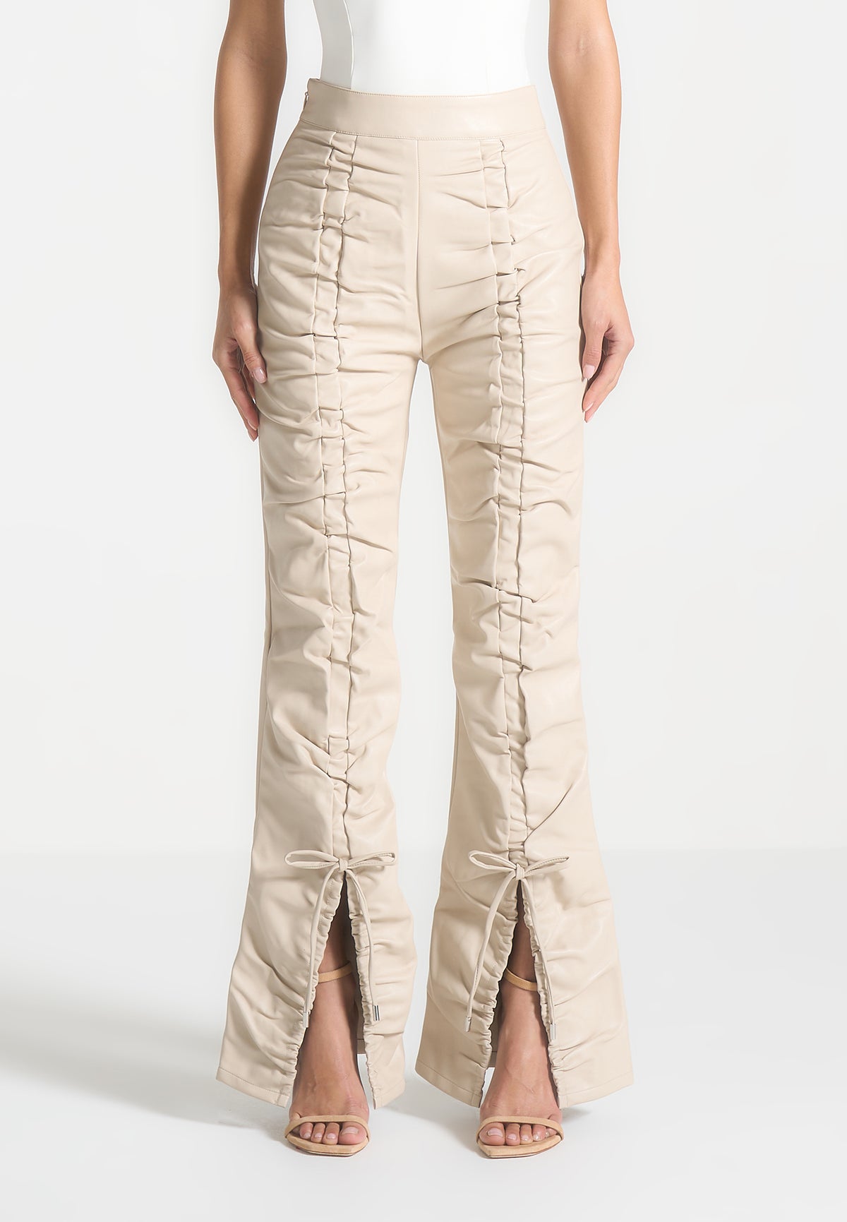 Leather Ruched Trousers - Beige