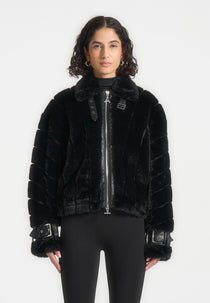 Oversized Ribbed Plush Jacket With Lapel - Black