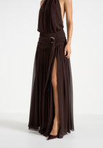 Matilda - Halter Neck Draped Hardware Maxi Dress - Brown