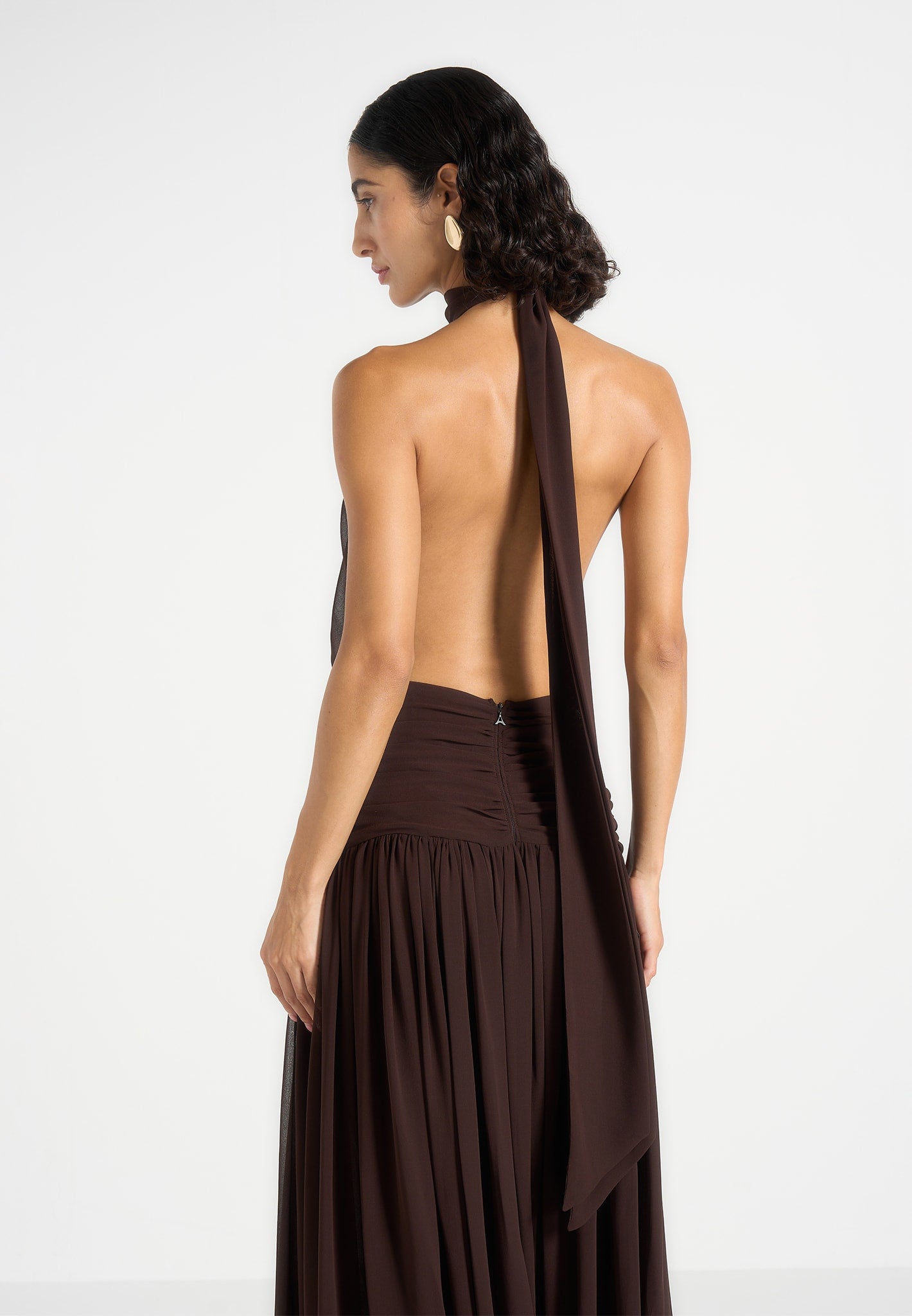 Matilda - Halter Neck Draped Hardware Maxi Dress - Brown