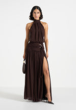 Matilda - Halter Neck Draped Hardware Maxi Dress - Brown