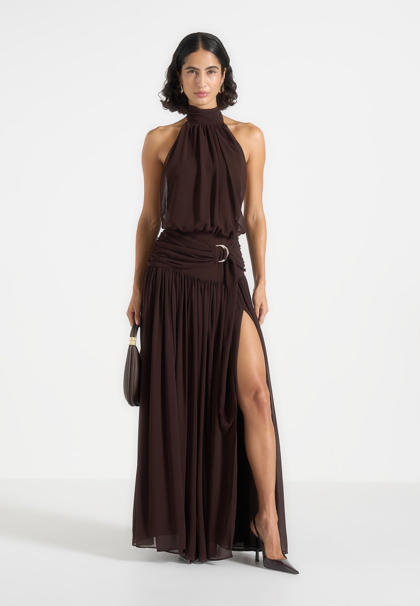 Matilda - Halter Neck Draped Hardware Maxi Dress - Brown