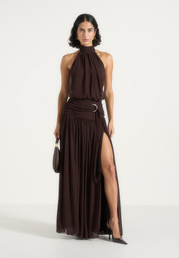 Matilda - Halter Neck Draped Hardware Maxi Dress - Brown