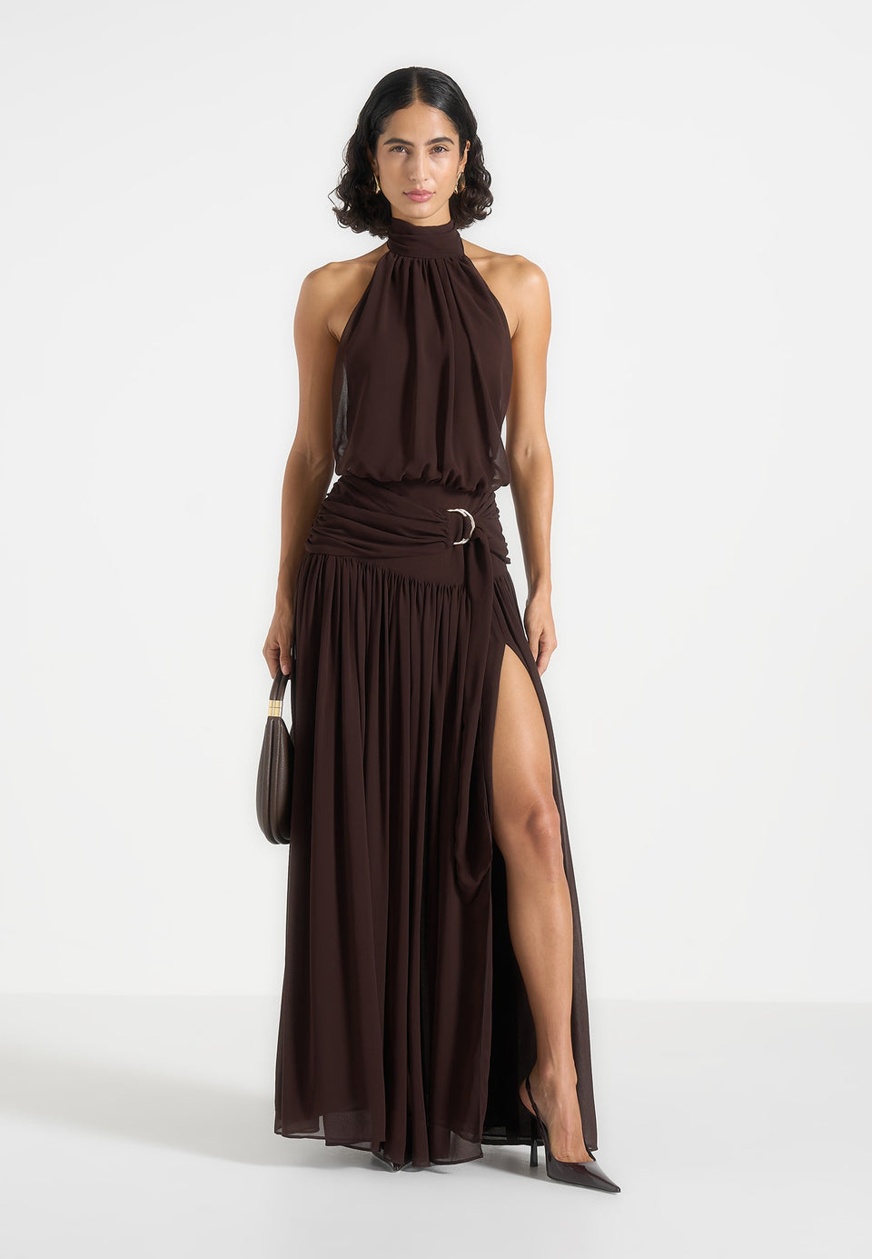 Matilda - Halter Neck Draped Hardware Maxi Dress - Brown