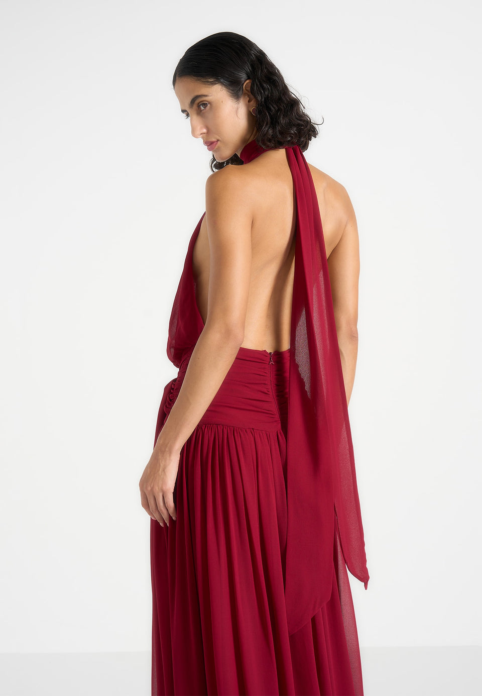 Matilda - Halter Neck Draped Maxi Dress - Wine Red