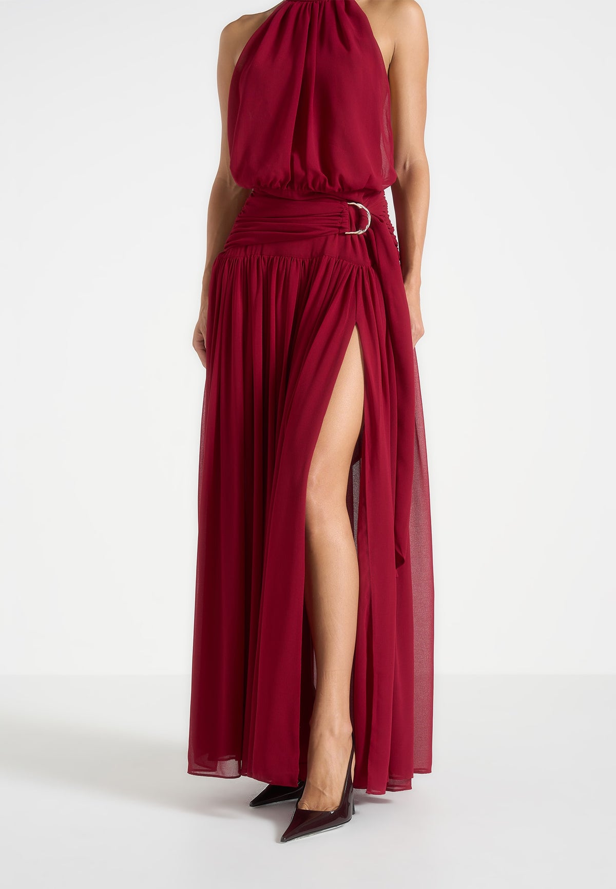 Matilda - Halter Neck Draped Maxi Dress - Wine Red