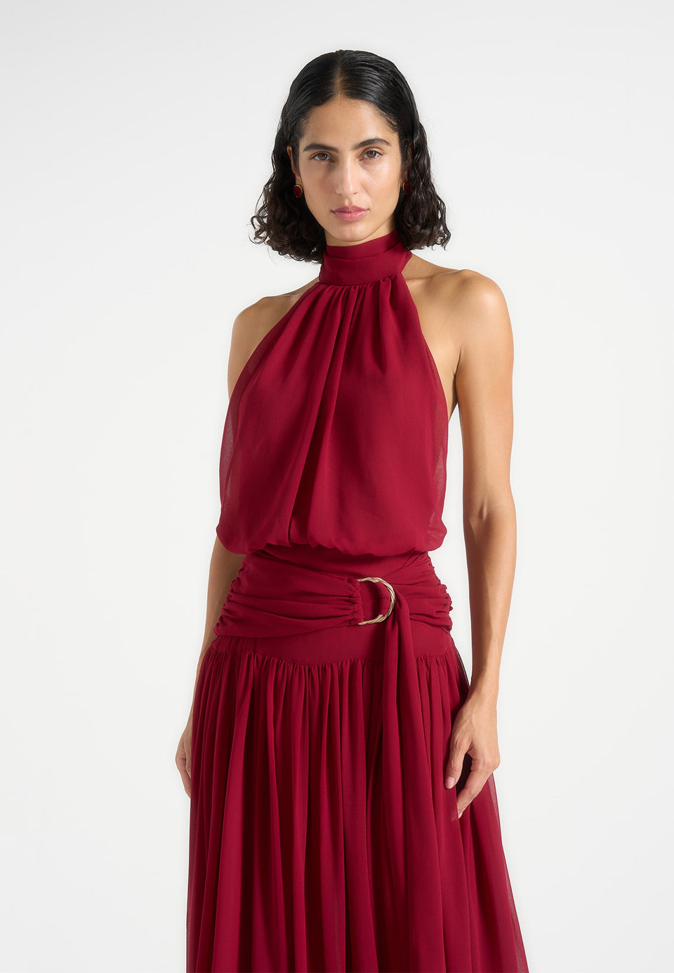 Matilda - Halter Neck Draped Maxi Dress - Wine Red