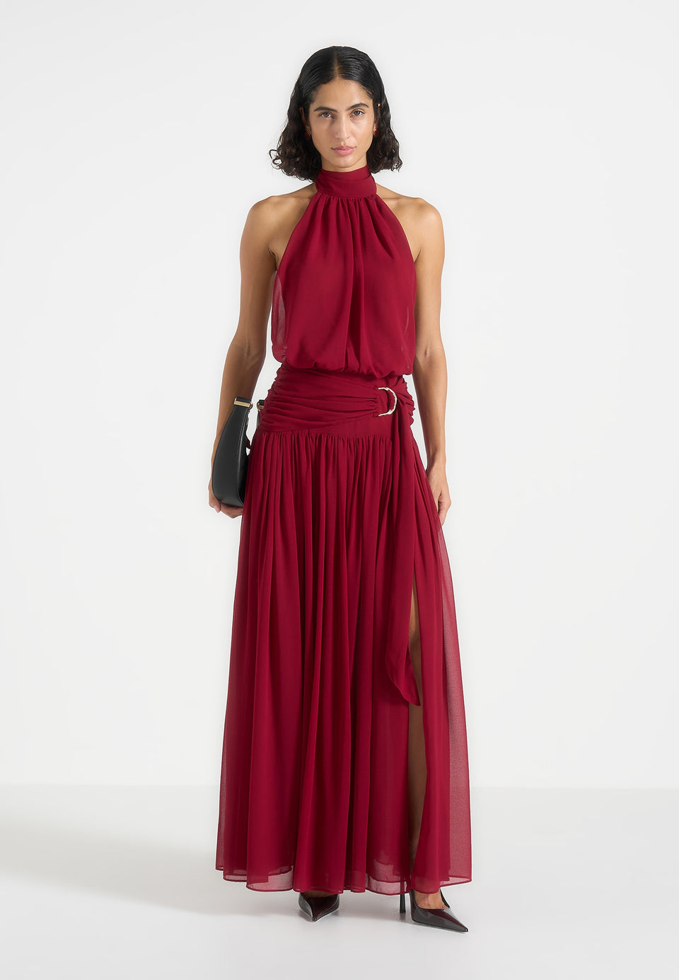 Matilda - Halter Neck Draped Maxi Dress - Wine Red
