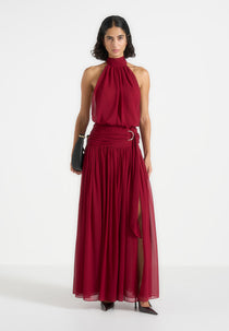 Matilda - Halter Neck Draped Maxi Dress - Wine Red
