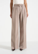 Jodie - Belted Box Pleat Tailored Trousers - Taupe