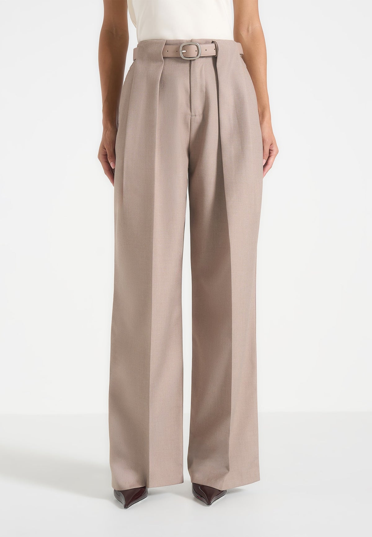 Jodie - Belted Box Pleat Tailored Trousers - Taupe
