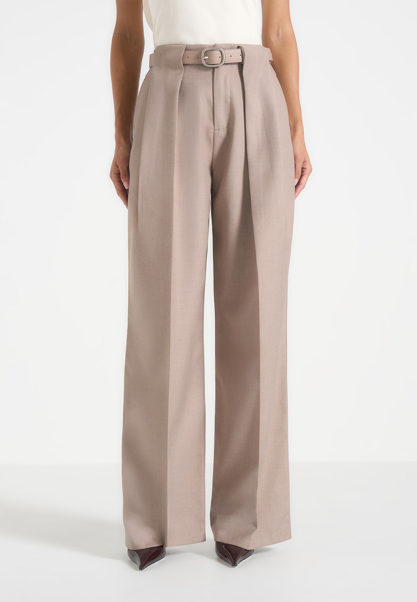 Jodie - Belted Box Pleat Tailored Trousers - Taupe