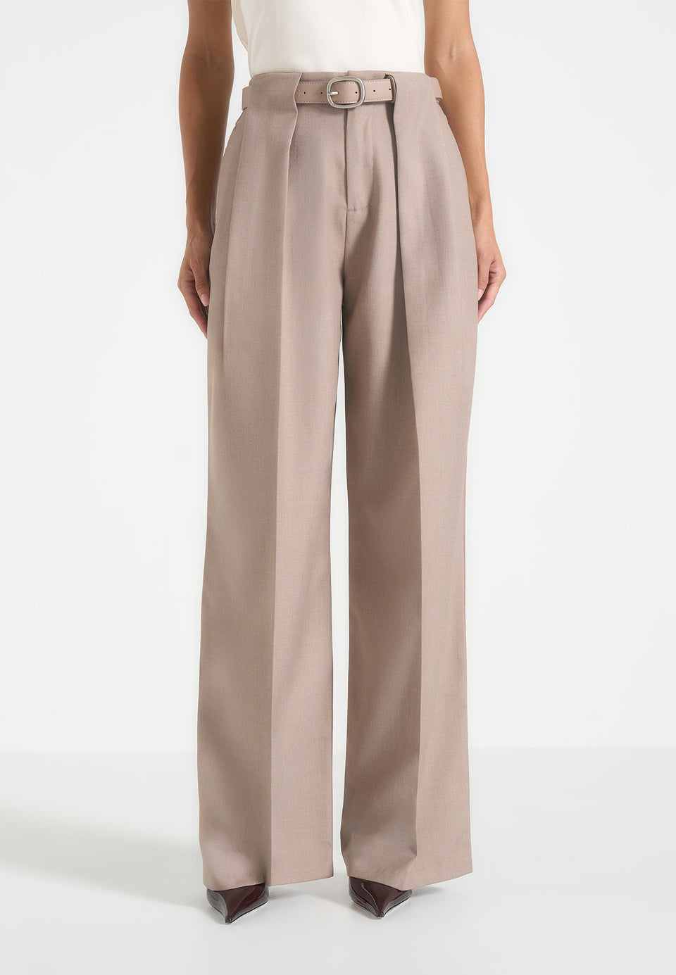 Jodie - Belted Box Pleat Tailored Trousers - Taupe