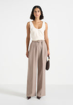 Jodie - Belted Box Pleat Tailored Trousers - Taupe
